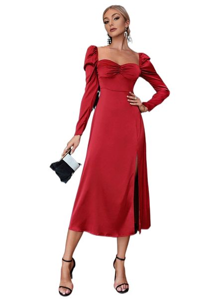 

double crazy sweetheart neck split thigh satin dress v2i0#, Black;gray