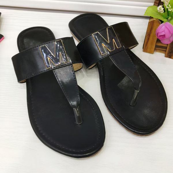 

2022 summer luxury branded m and k flip flops women ladies leather thong sandal letters sandals womens slipper pool slides beach outside fla, Black