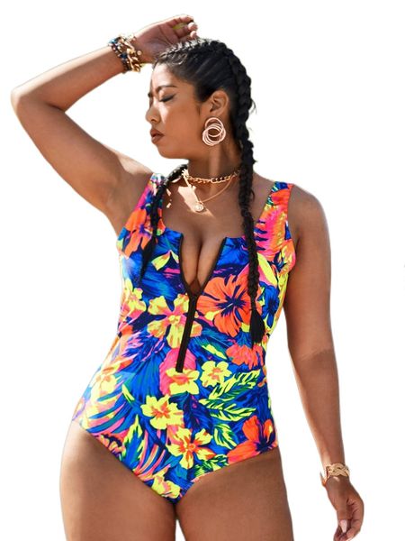 

plus tropical & floral graphic one piece swimsuit m1j9#, White;black