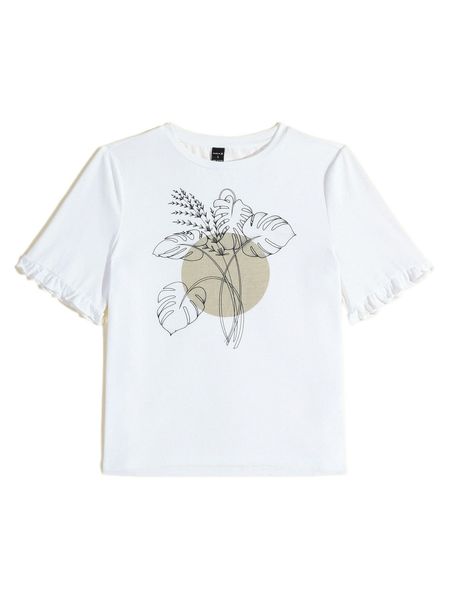 

x tired eye tropical print flounce cuff tee k7md#, White