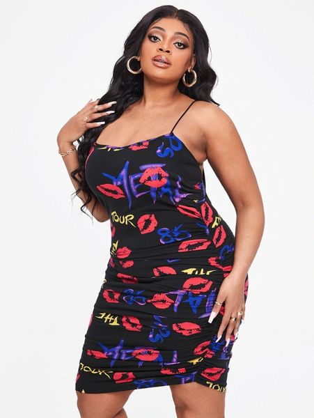 

sxy plus lip & letter graphic ruched bodycon dress i9ol#, Black