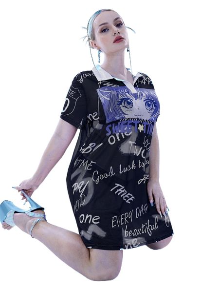 

plus letter & figure graphic polo neck sheer dress a6hw#, Black