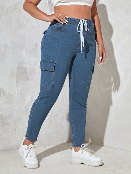 

plus flap pocket drawstring waist jeans t907#, Blue