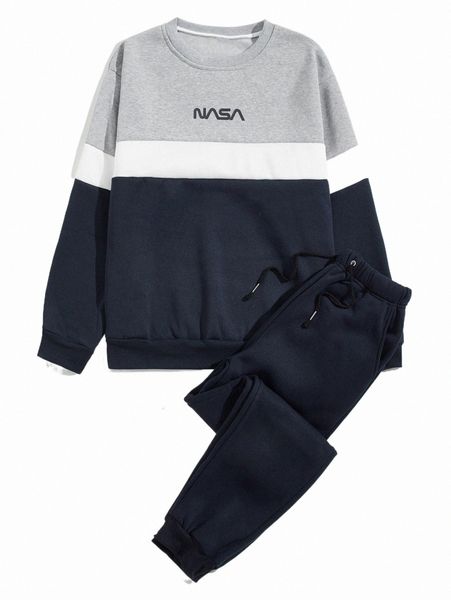 

men letter graphic spliced thermal lined sweatshirt with joggers b9zr#, Gray