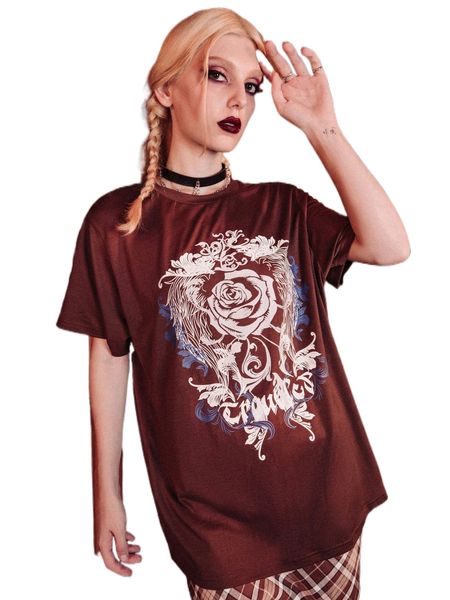 

romwe dark academia floral & wings graphic tee g8j1#, White