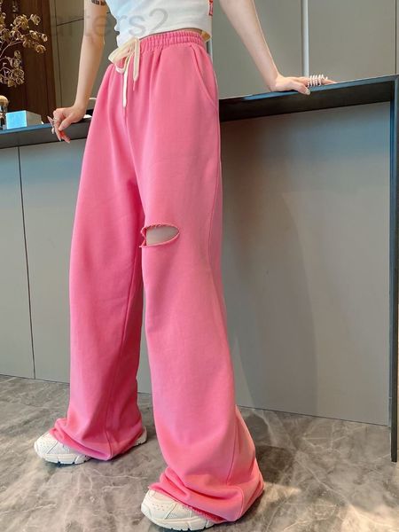 

women's jeans designer 22 new style in spring and summer, fashionable elastic waist wide leg casual pants, hole design, simple bright c, Blue