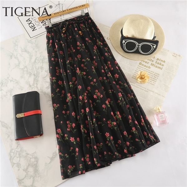

tigena floral print long maxi skirt women fashion summer high waist pleated skirt female boho holiday chiffon skirt sun y200326, Black