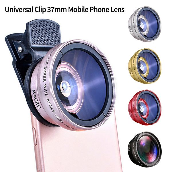 2 в 1 Universal Clip 37-мм объектив мобильных телефонов 0,45x 49uv Super Lid-Angle и Macro HD-объектив для iPhone Android