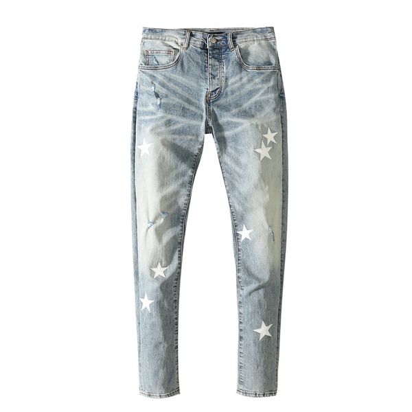 Jeans firmati da uomo Pantaloni da motociclista Regular White Star Slim Fit Denim Hip Hop Mens Biker Strappato con foro Distress Stretch Maschile Gamba lunga dritta Tasca azzurra