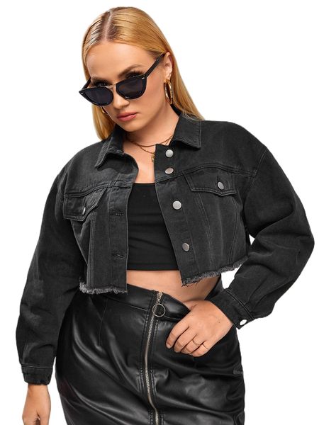 

plus drop shoulder raw trim denim jacket a0fa#, Black;brown