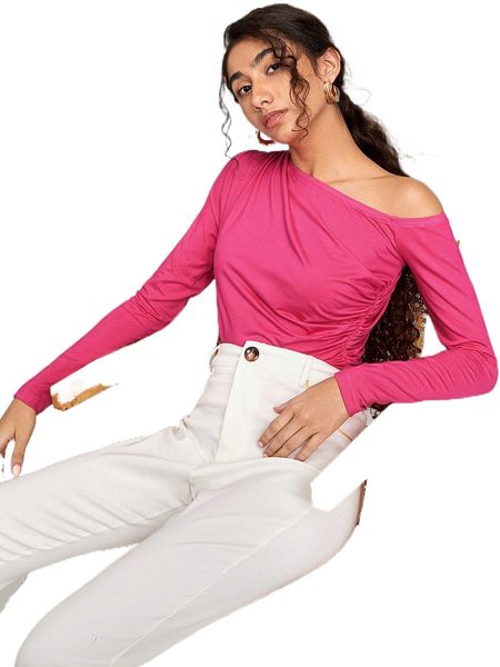 

asymmetrical neck ruched tee k4qi#, White