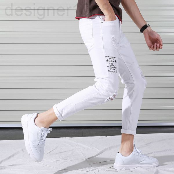 

men's jeans designer white hole cropped pants men's slim fit jeans fashion scraped beggar youth 4gp1, Blue