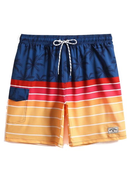 

men block striped & palm tree print drawstring waist swim trunks n0sj#, White;black