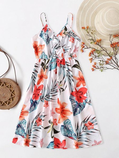 

1pc tropical print ruffle trim cami dress n12n#, Black;gray