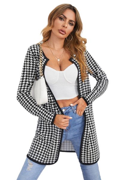 

houndstooth contrast binding open front coat x6kw#, Black