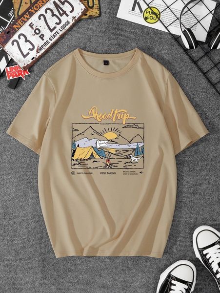 

men letter & mountain print tee l65g#, White;black