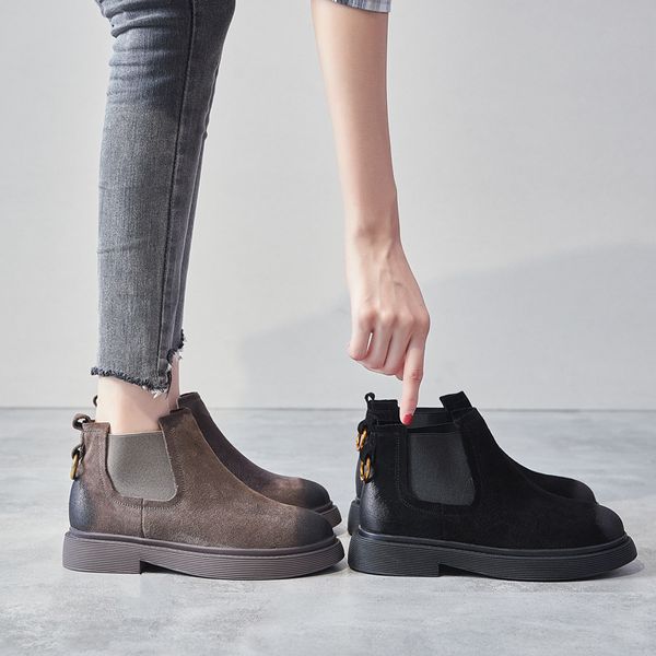 

genuine leather women ankle boots 3cm platform women casual shoes chunky booties motorcycle chelsea winter warm boots, Black;yellow