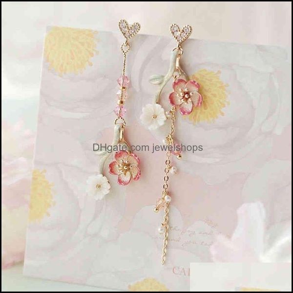 

charm earrings jewelry cherry branch girls heart and wind asymmetry drop delivery 2021 dhjpn, Golden