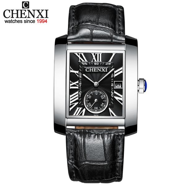 

chenxi new fashion square dial men watches analog quartz wristwatches mens leather waterproof date chronograph montre homme, Silver