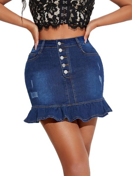 

ruffle hem bodycon denim skirt t3ag#, Black