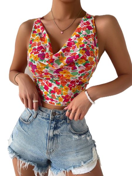 

floral print draped crisscross tie backless crop tank v8oy#, White
