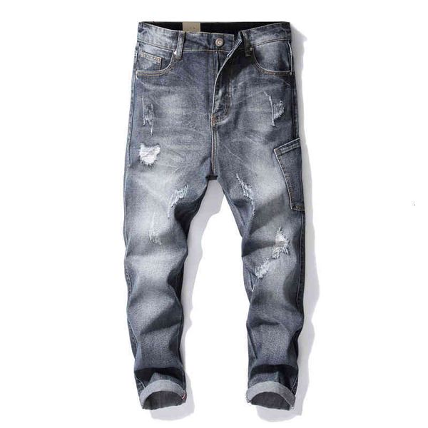 

men's jeans spring and autumn quarter jeans men's loose large blue holed harlem pants large side pocket izv6