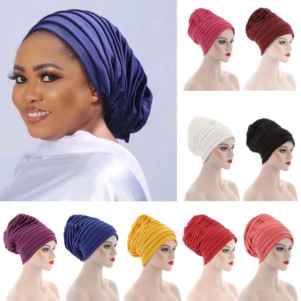 Novos hijabs africanos de turbantes muçulmanos para mulheres placas placas indianas bonés nigerianos camadas de cabeça de cabeça de cabeça chapéus de cor sólida