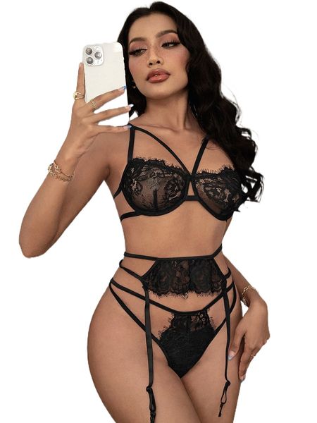 

3pack eyelash lace panel garter underwire lingerie set g6mj#, Black;red