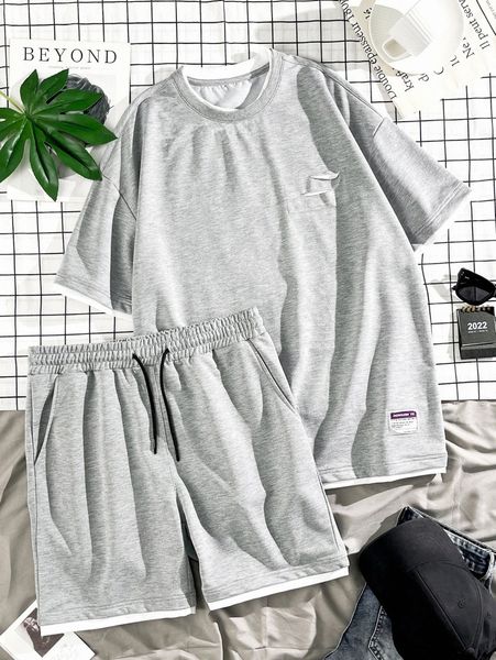 

men slogan patched detail 2 in 1 tee & drawstring waist shorts t8zc#, Gray