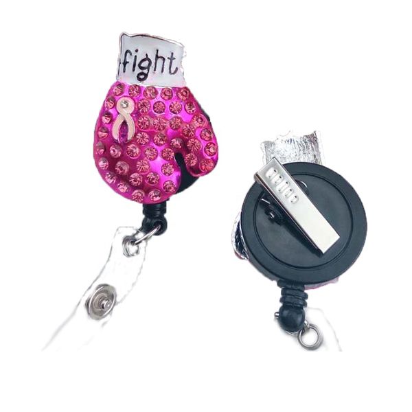 

50pcs/ breast cancer awareness pink ribbon rhinestone boxing gloves shape nurse medical retractable id badge reel holder for gift, Gray