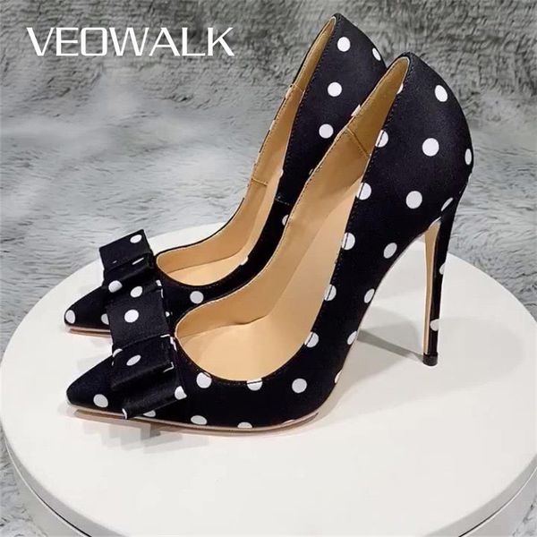 Veowalk Polka Dot Donna Raso di seta Punta a punta Stiletto Tacchi alti Fiocco Nodo Scarpe eleganti da donna 8cm 10cm 12cm Décolleté Nero 220402