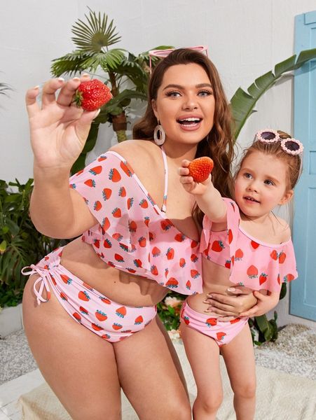 

plus 1set strawberry print mesh trim bikini swimsuit b7j7#, White;black