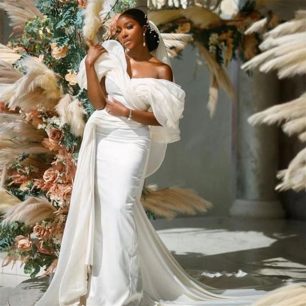 

african mermaid wedding dresses for women elegant satin bridal gowns 2022 off the shoulder ruched second reception dress, White