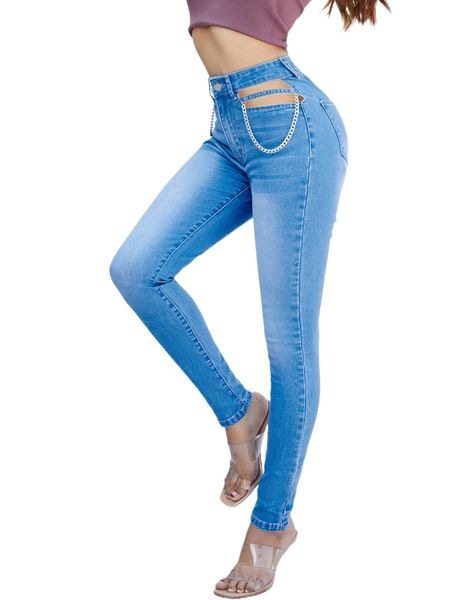 

high waist cut out chain detail skinny jeans p4fa#, Blue