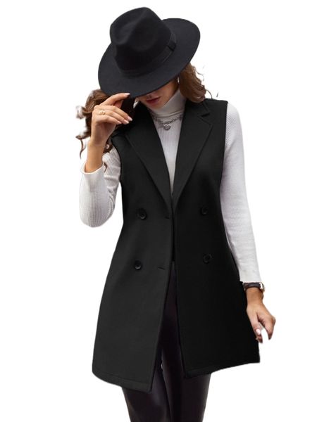 

double-breasted lapel neck sleeveless coat 25rk#, Black