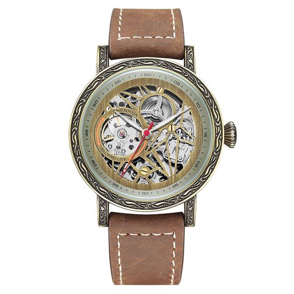 

wristwatches automatic self-wind men's mechanical unique retro pattern design business gift brown leather strapwristwatcheswristwatches, Slivery;brown