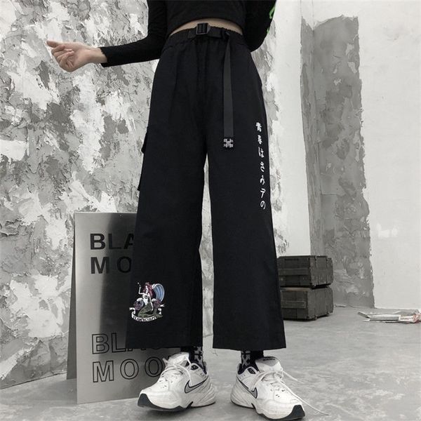 

anime print pants women korean harajuku loose high waist slim black trousers with belt female casual straight wide leg 220808, Black;white