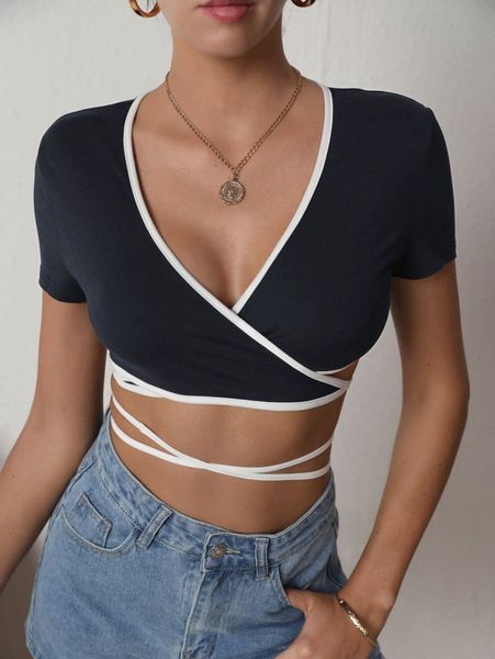 

contrast binding crisscross tie back crop tee q9aw#, White