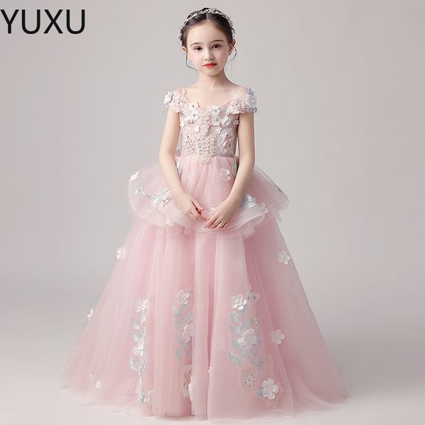 

luxurious flower girl dress long train with bow bead 3d flowers appqulies ball gown pageant dress princess holy fisrst communion p284w, White;blue