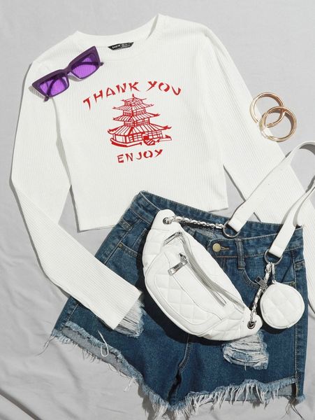 

slogan graphic rib-knit tee 19ek#, White