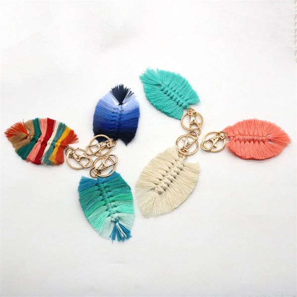 

new cotton rope hand key chain woven feather keychain ring small tapestry backpack pendant 6 color, Red;blue