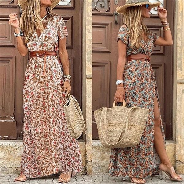 Boho feminino decote em v manga curta paisley impressão cinto grande bainha praia vestido longo vestido de verão vestido de praia com cinto 220531