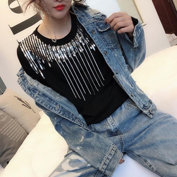 

solid sequins diamonds tassel shirt o-neck summer office lady cotton clothes camiseta mujer black white