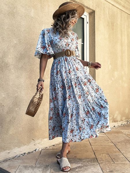 

floral print butterfly sleeve shirred waist ruffle hem dress without belt v4vz#, Black;gray