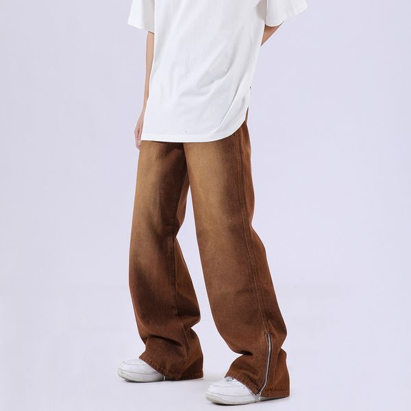

jeans men brown washed hip hop men's denim pants jean fashion wide leg trousers, Blue