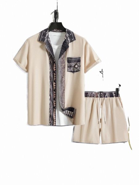 

men geo print pocket patched shirt & shorts without tee z9mm#, Gray