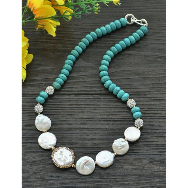 

20&quot 25mm white coin pearl blue rondelle turquoise cz beads necklace, Silver