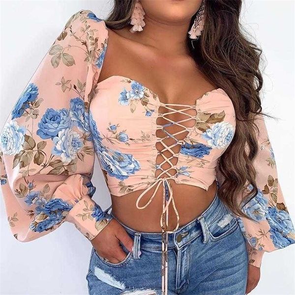 Frauen Elegante Mode Sommer Top Casual Floral Plunge Langarm Cropped Bluse Floral Kordelzug Spitze-up Bluse 210716