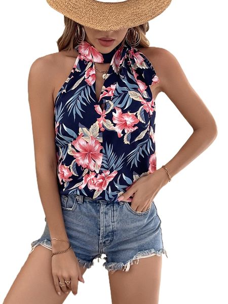 

floral print keyhole neck halter blouse u2ix#, White