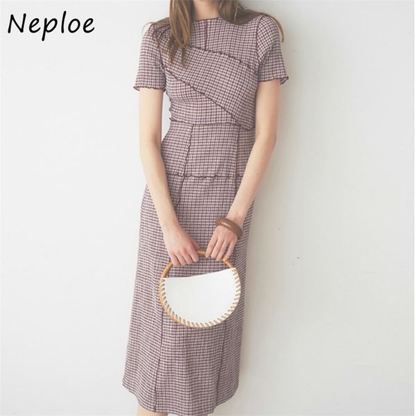 

neploe chic wooden ear patchwork pleated women dress spring summer drawstring vestidos new high waist plaid dresses 1h970 210401, Black;gray
